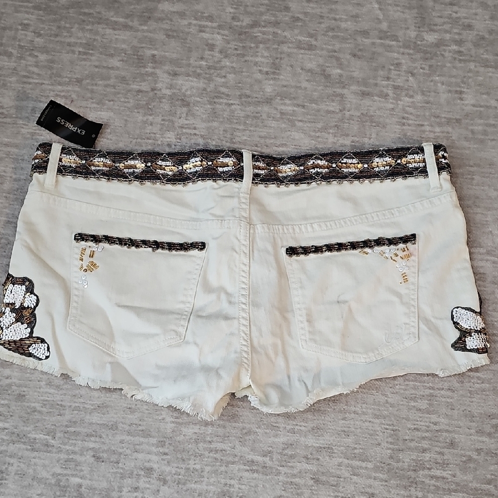 Express Women's Cream and Black Sequin Jean Shorts - Picture 3 of 4